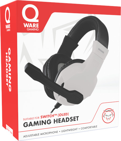 White and black gaming headset in a box with text.