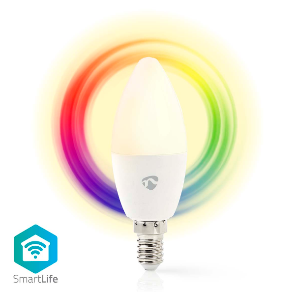 Weiße Smart-Glühbirne mit Regenbogenfarben-Lichtring und SmartLife-Logo.