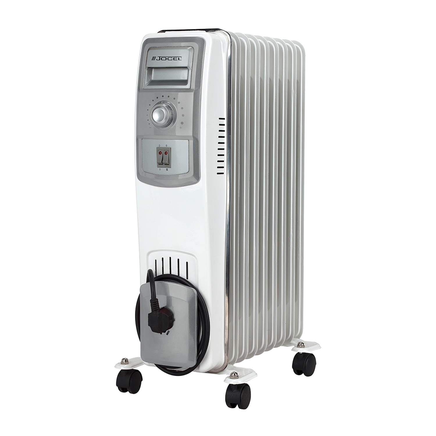 Witte oliegevulde radiator met digitale bediening. Hij staat op wielen en heeft een stroomkabel.