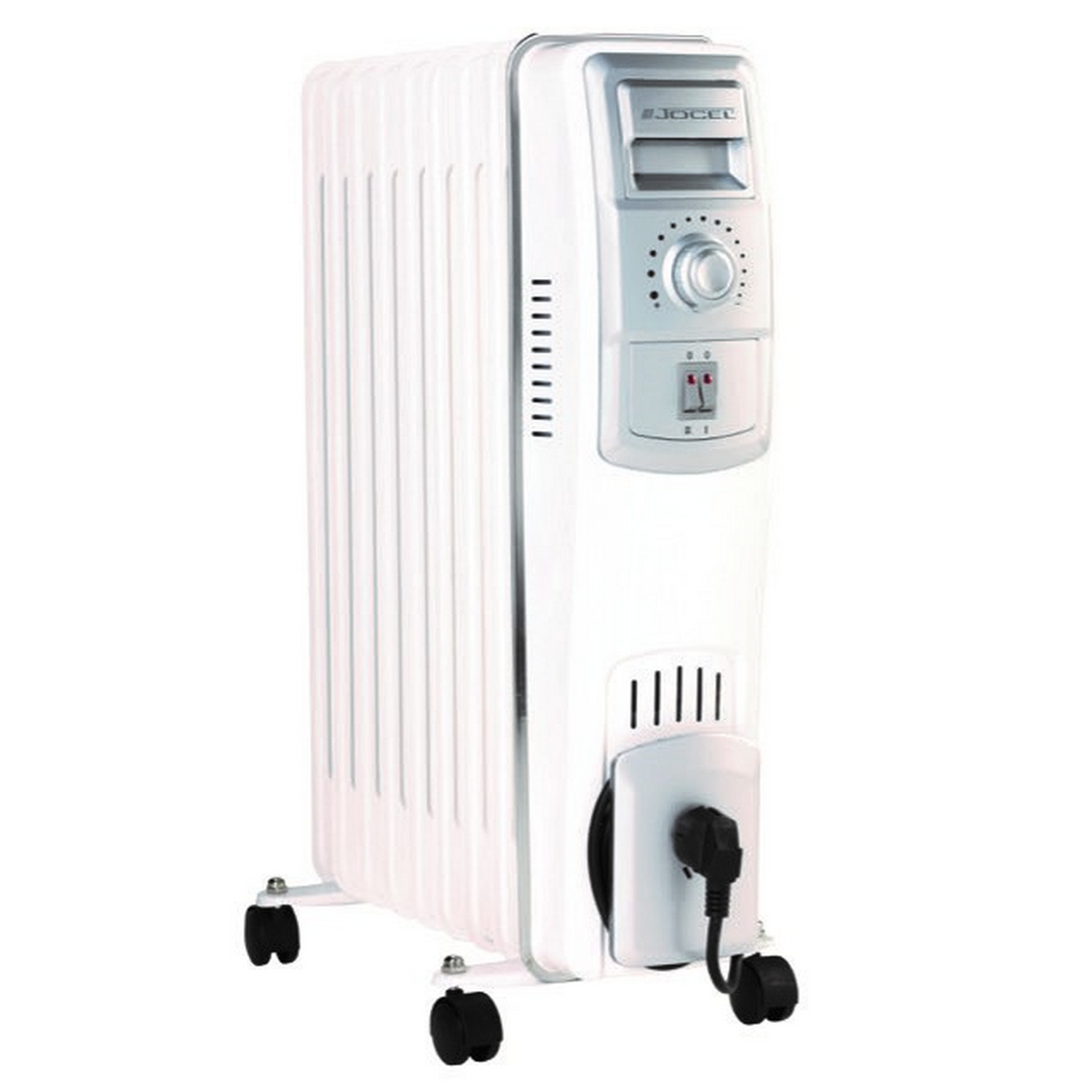 Witte olieverwarming met een bedieningspaneel, wielen en een stekker op een witte achtergrond.