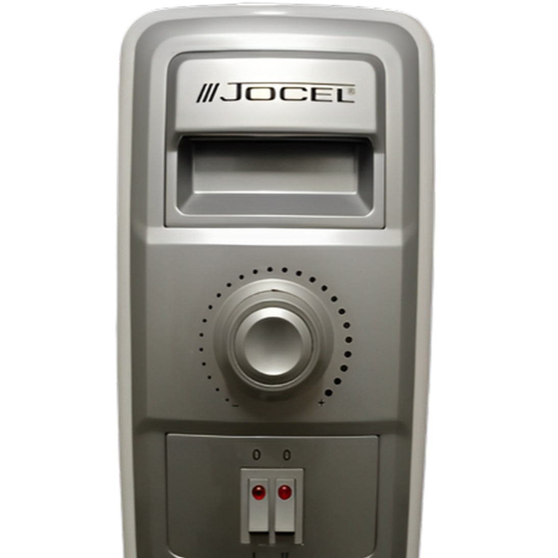 Grijze en zilveren JOCEL olieradiator, met bedieningspaneel en schakelaars.