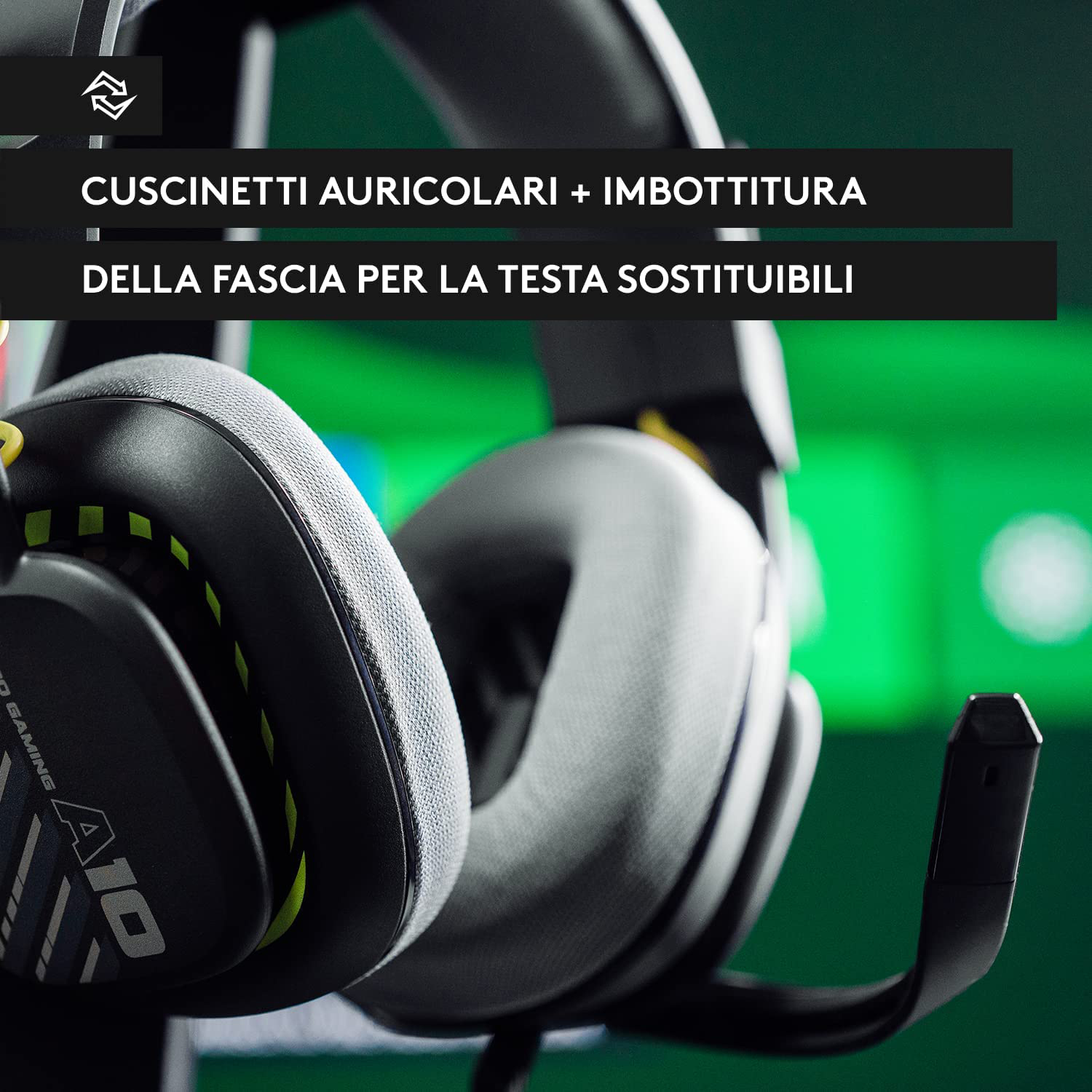 Primo piano delle cuffie con testo: Cuscinetti auricolari e imbottitura fascia per la testa sostituibili. Verde.