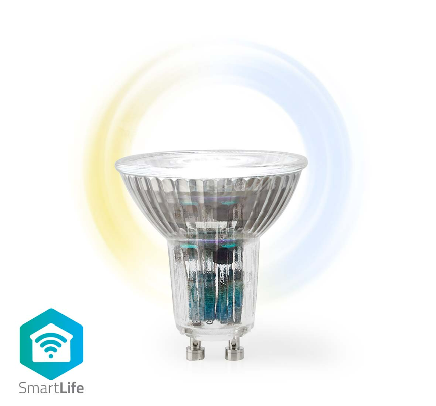 Eine intelligente LED-Lampe, transparent mit blauem und gelbem Licht darum. Ein WLAN-Logo ist sichtbar.