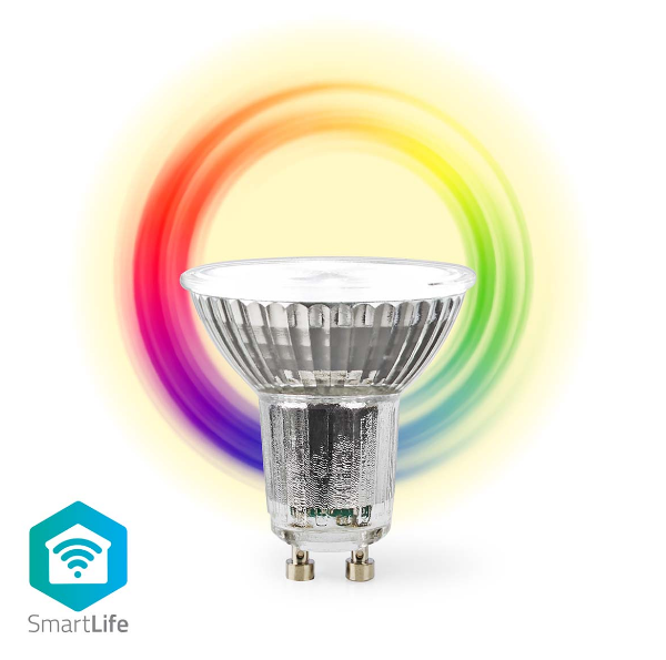 LED-Glühbirne mit Regenbogen-Wirbel-Hintergrund und SmartLife-Logo.