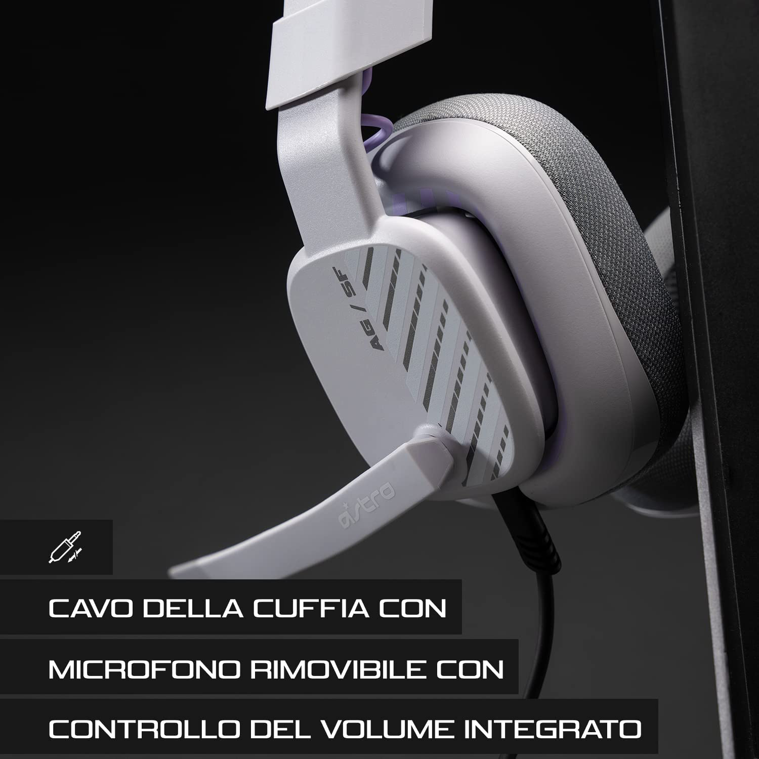 Cuffie bianche con microfono. Testo in italiano: 'Cavo cuffia con microfono rimovibile'.