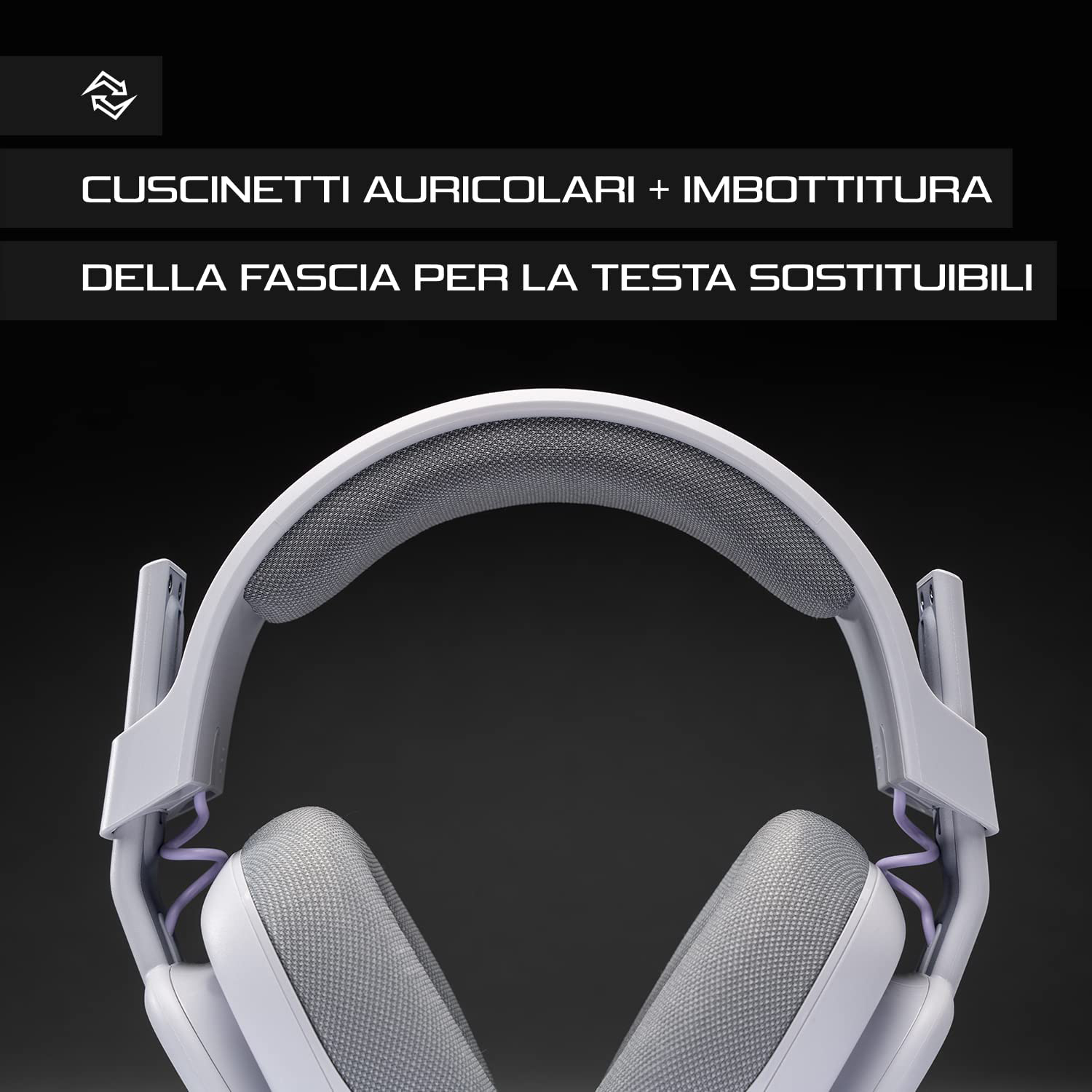 Cuffie bianche con cuscinetti grigi e fascia bianca, su una superficie nera.