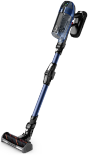 Ein blau-schwarzer kabelloser Staubsauger mit langem Griff.