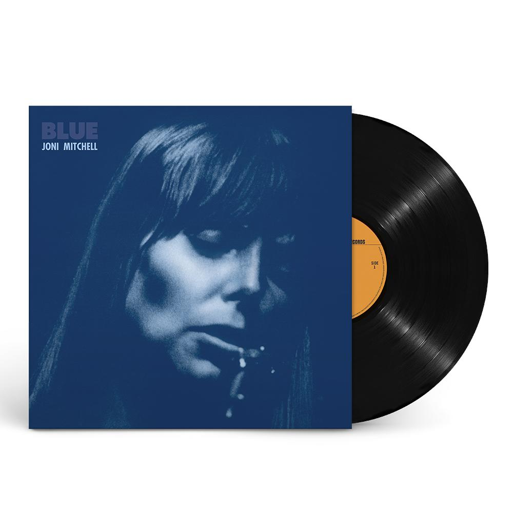 Joni Mitchells Albumcover 'Blue' in Blautönen, Vinylplatte rechts.
