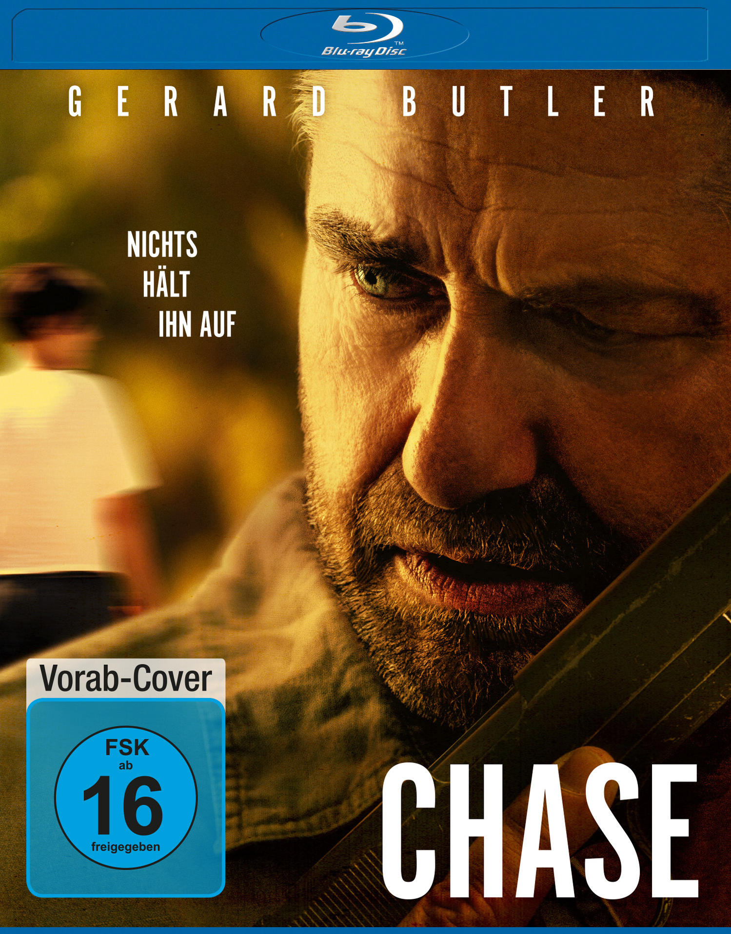 Filmcover mit Gerard Butlers Gesicht. Text: Chase, auf Deutsch.