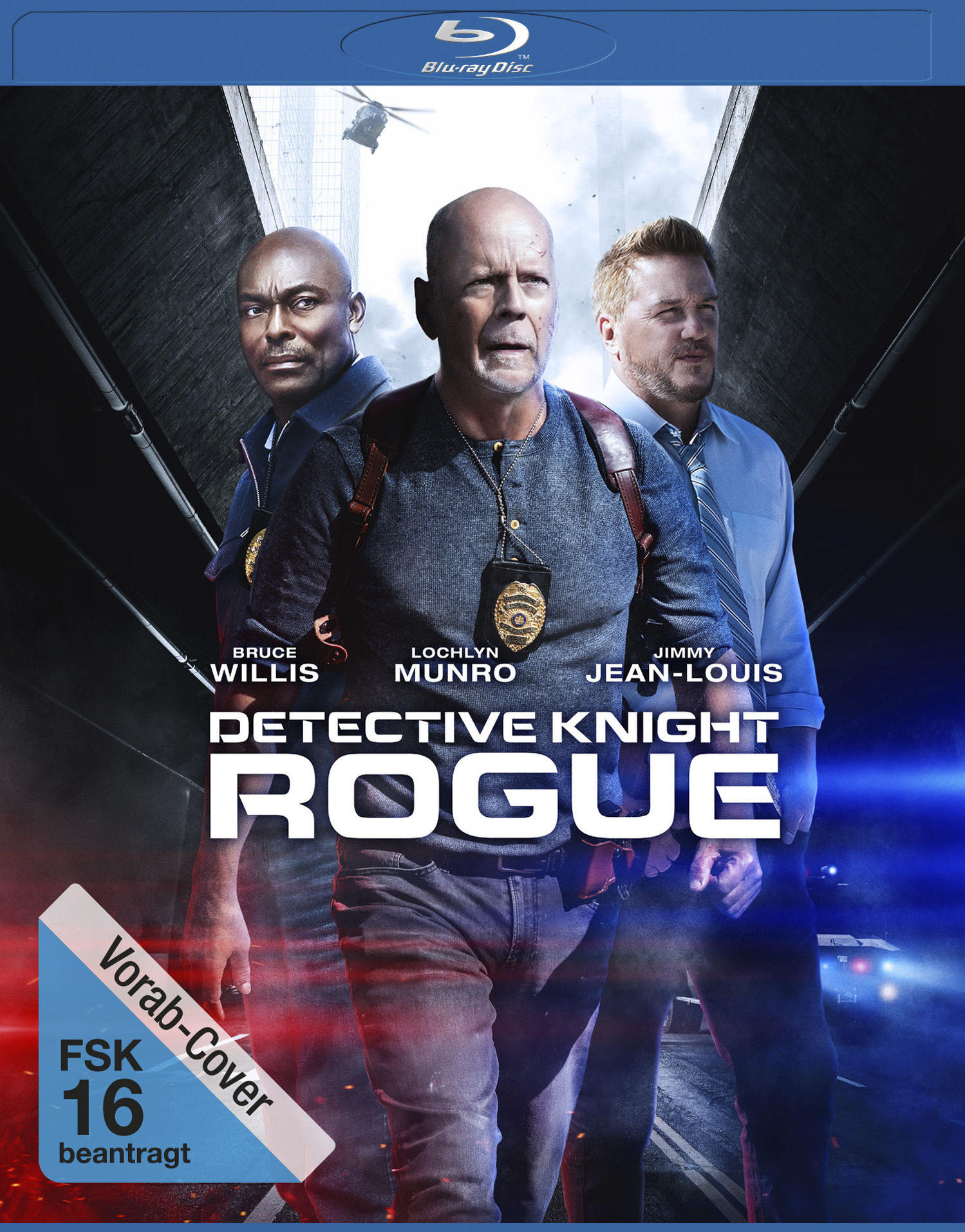 Filmcover mit Bruce Willis und zwei anderen Männern. Blauer und roter Hintergrund.