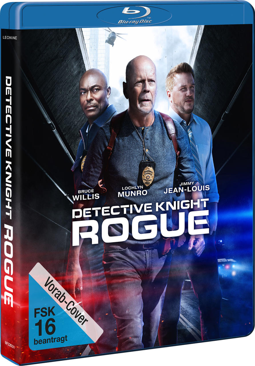 Blu-ray-Hülle mit drei Schauspielern: Bruce Willis, Lochlyn Munro und Jimmy Jean-Louis. Filmtitel: Detective Knight: Rogue.