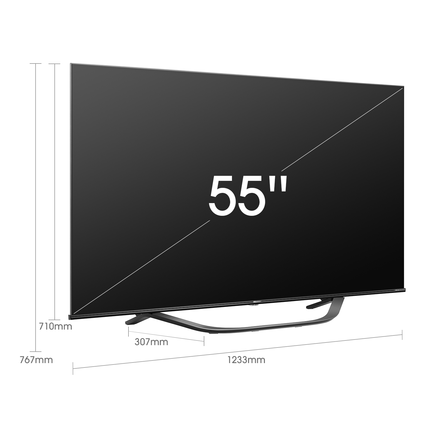 55-Zoll-Fernseher mit beschrifteten Abmessungen. Schwarzer Bildschirm, 55" Text.