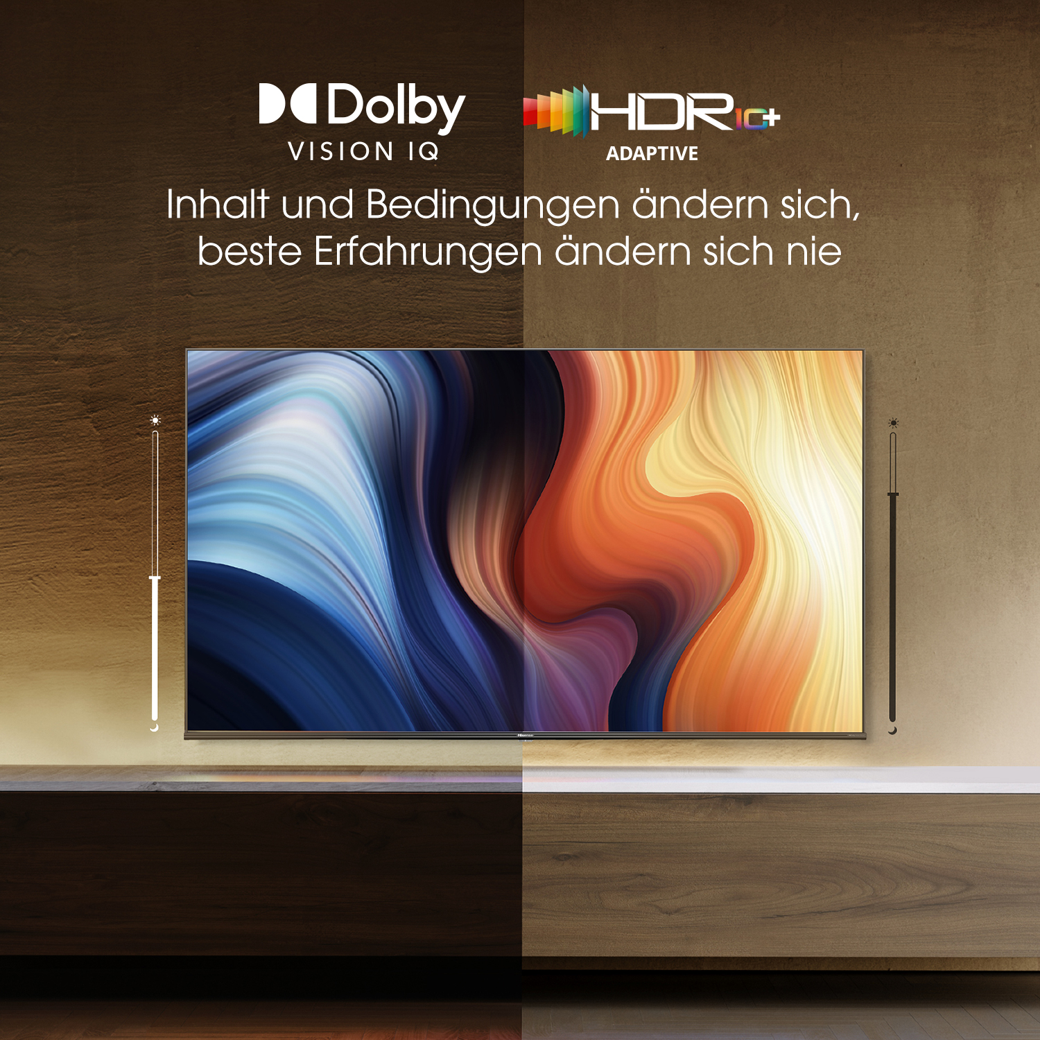 Ein Fernsehbildschirm mit abstrakter, farbenfroher Kunst. Die Dolby Vision und HDR Logos sind vorhanden.