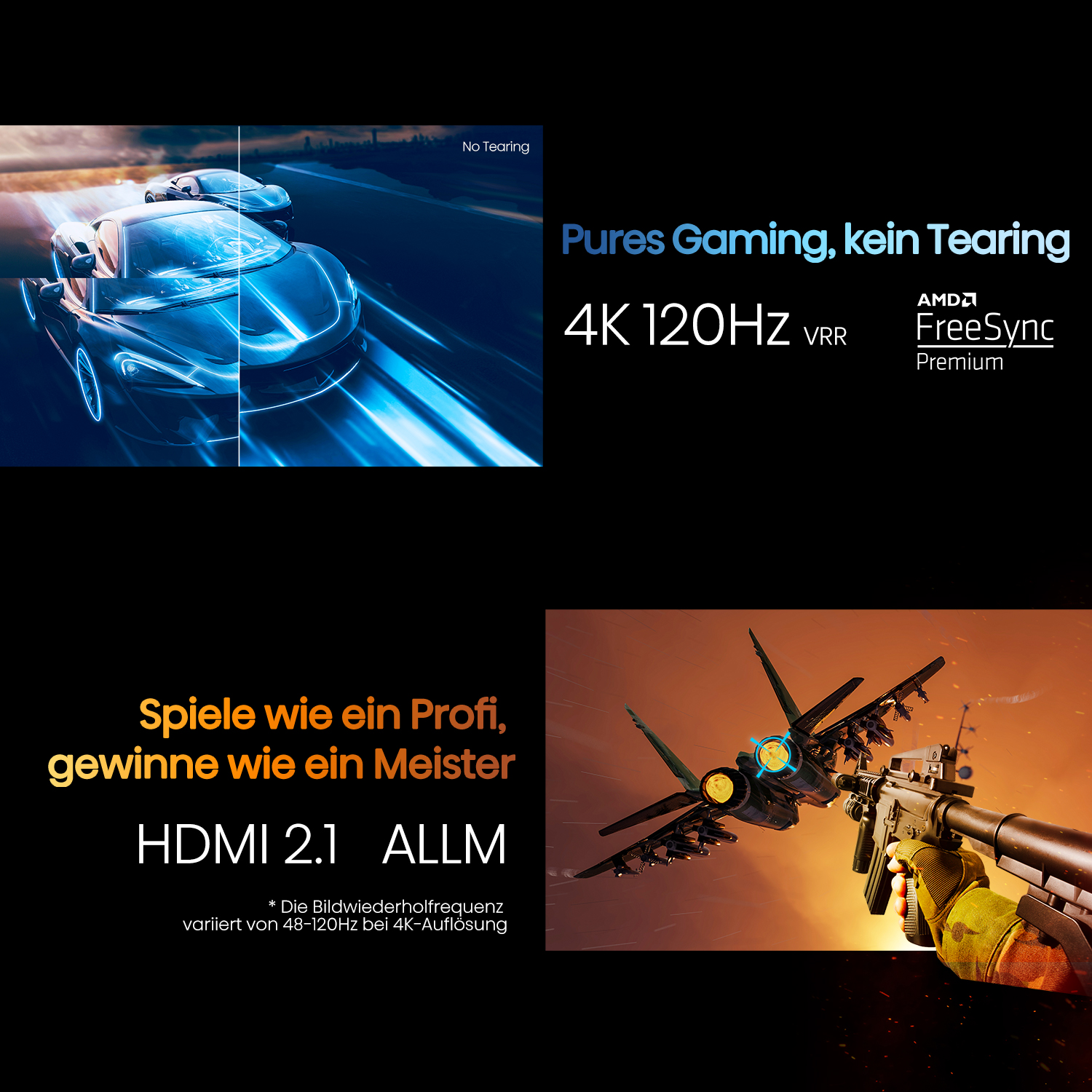 Das Bild zeigt ein Autorennen. Der Text auf der rechten Seite lautet 'Pures Gaming, kein Tearing' und '4K 120HZ VRR'.