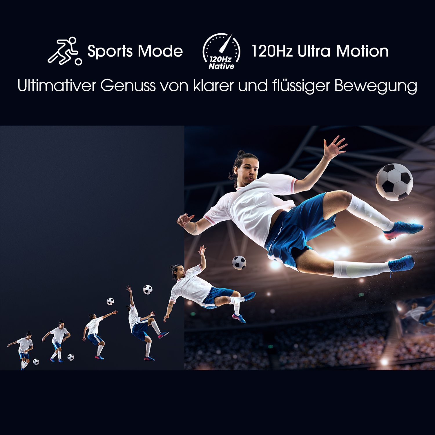 Fußballspieler auf dem Feld, dynamische Bewegung, mit Stadionhintergrund.