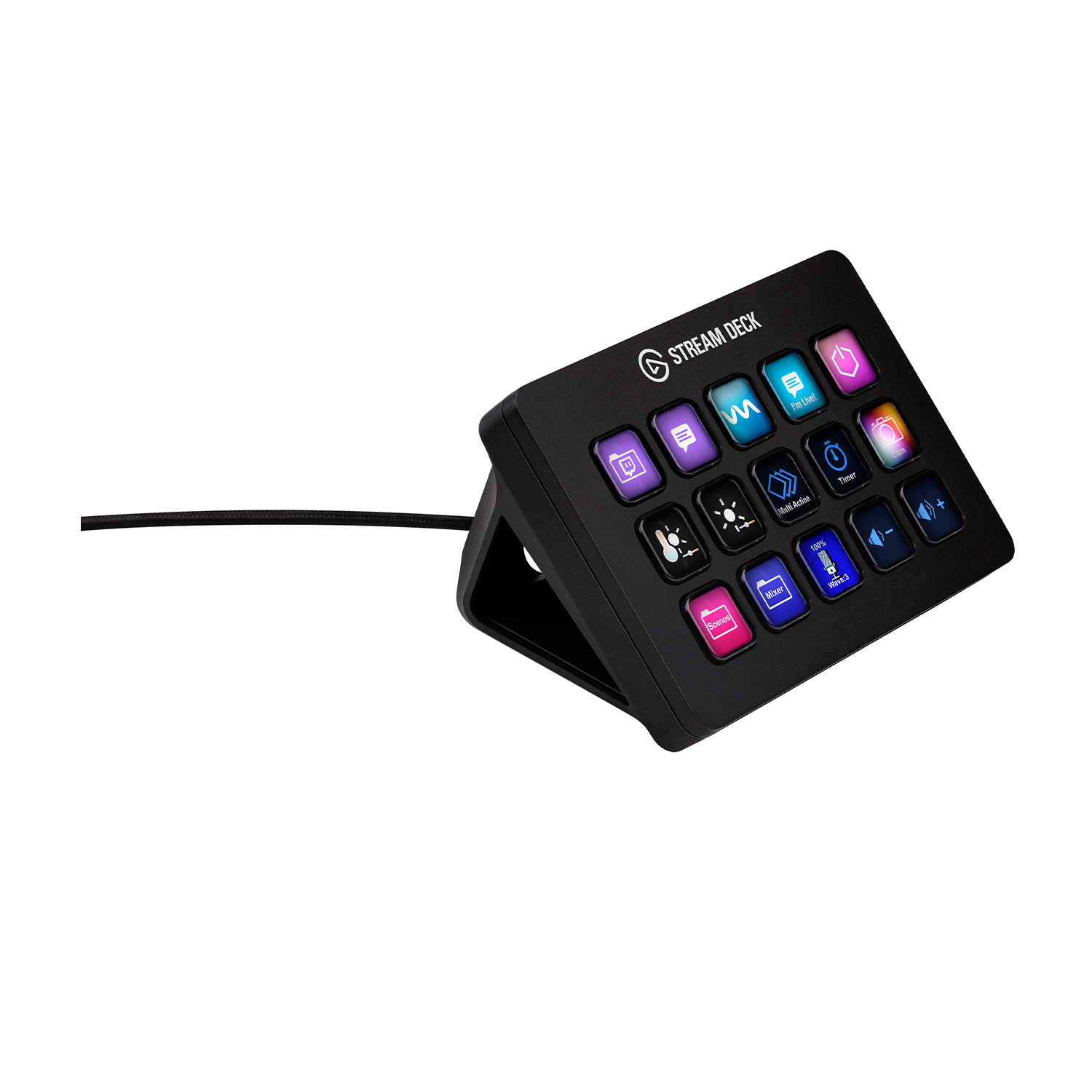 Stream Deck nero con pulsanti illuminati e un cavo nero.