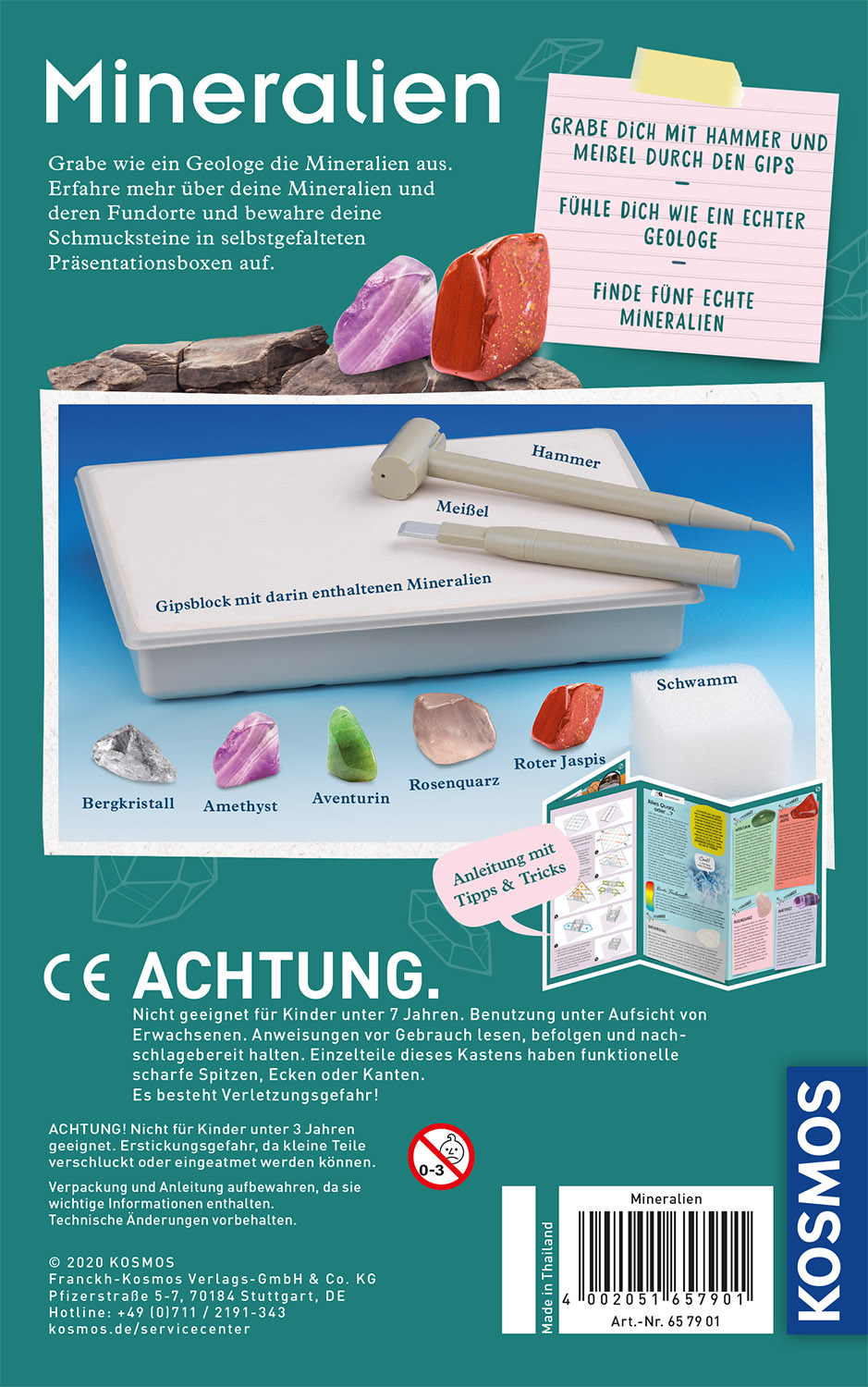 Boxset mit Mineralproben. Enthält Hammer, Meißel und Anleitungsheft.