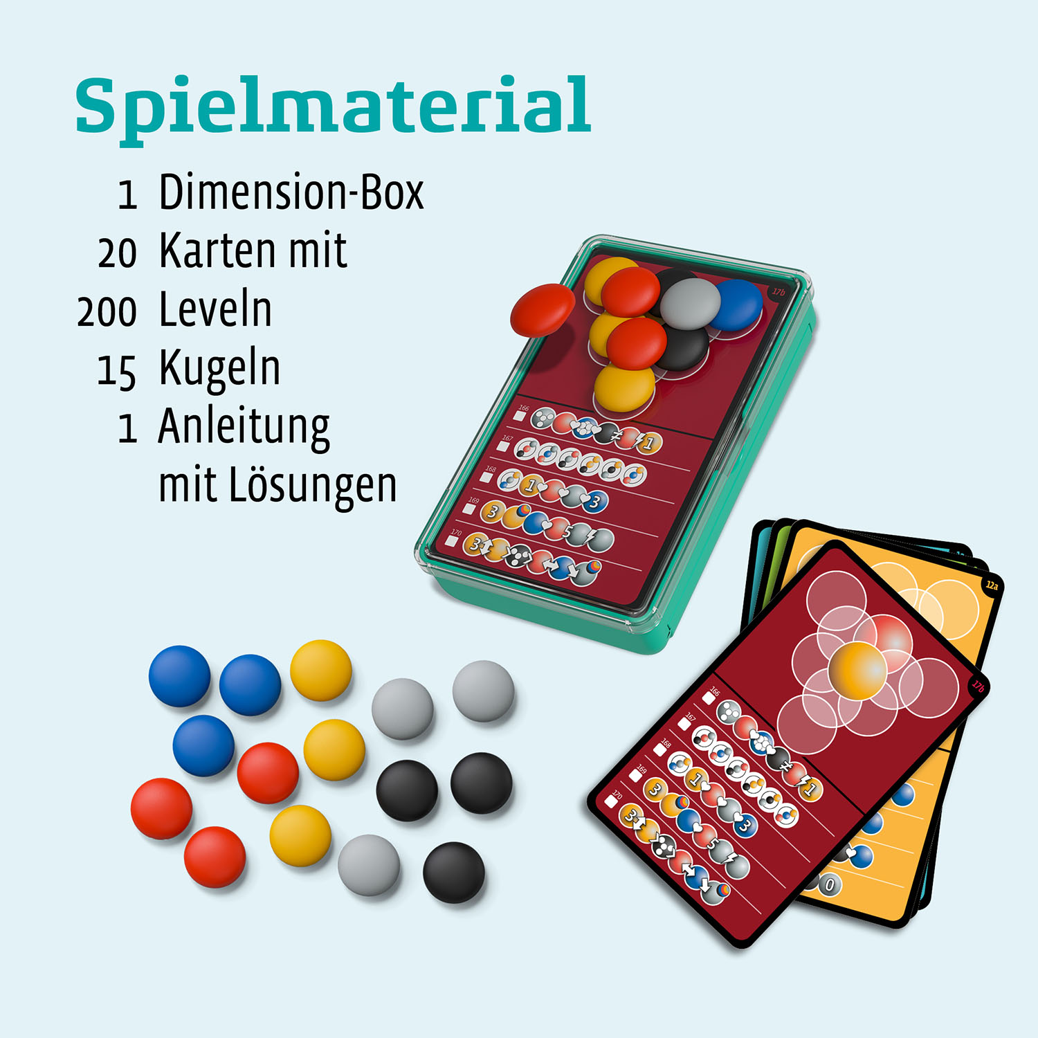 Spielset mit Karten, Kugeln und einer Box. Karten haben Farben und Zahlen. Kugeln sind rot, gelb, blau, grau und schwarz.
