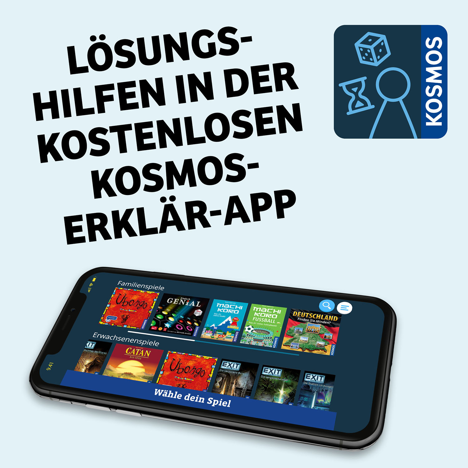 Ein Smartphone, das eine Kosmos-App mit Spielcovers anzeigt. Blauer Hintergrund.
