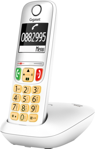Un téléphone Gigaset blanc avec un écran affichant un numéro de téléphone.