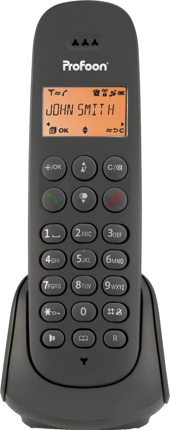 Téléphone noir avec un écran affichant 'JOHN SMITH'. Avec des touches numérotées et le logo 'Profoon'.