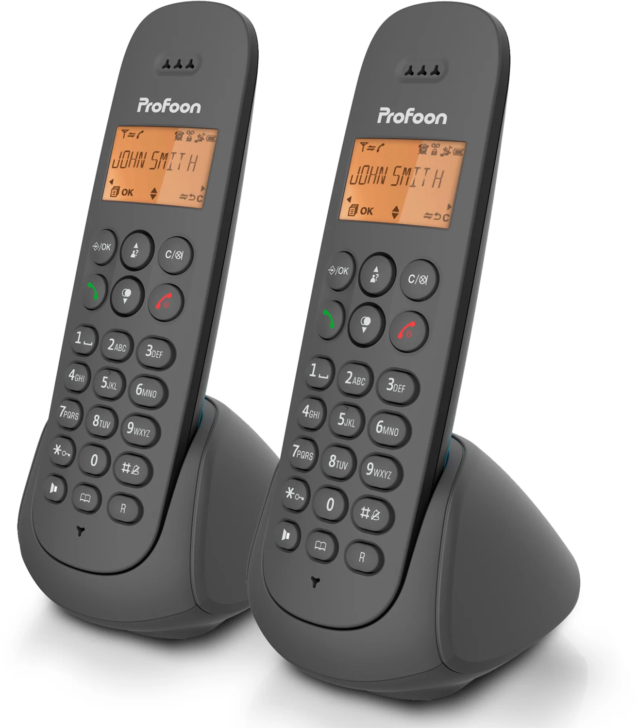 Deux téléphones sans fil dans une station d'accueil. Chacun a un écran et un pavé numérique.