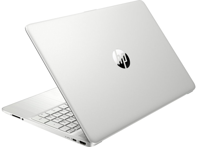 La parte trasera de un portátil HP plateado, en ángulo hacia arriba, con el logotipo de HP y el teclado.