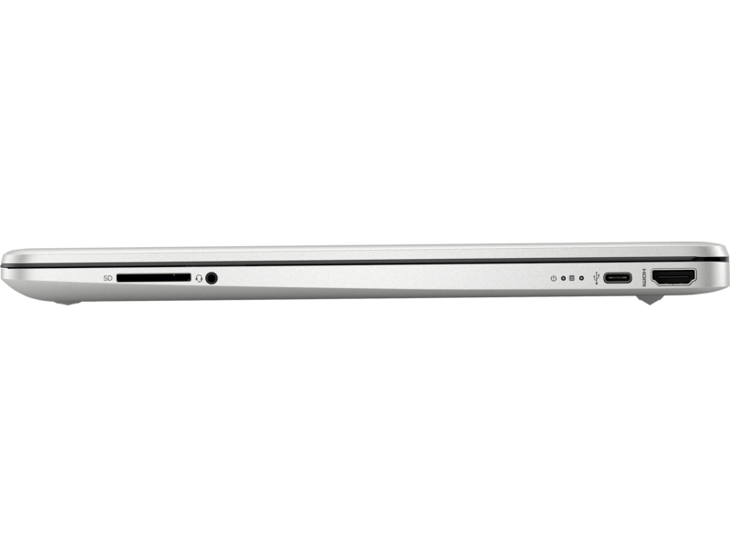 Vista lateral de una laptop blanca con puertos: SD, audio, USB-C y HDMI, sobre negro.