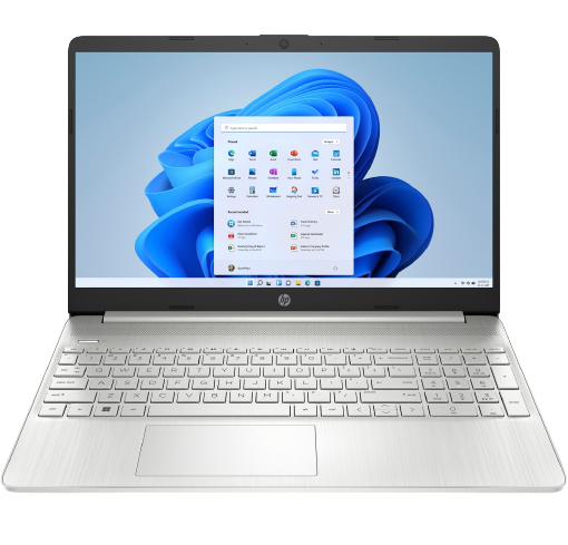 Portátil plateado abierto con Windows 11 en la pantalla, teclado blanco.