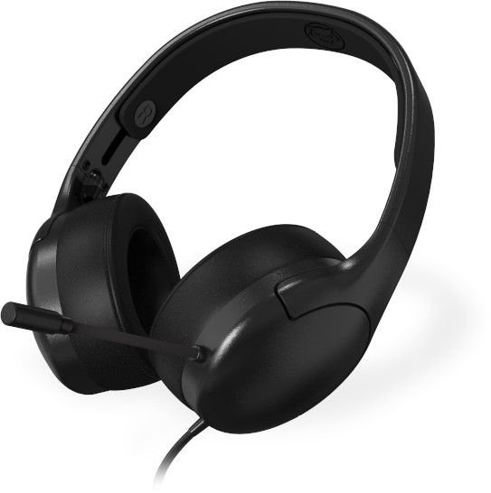 Black gaming headset with a microphone, side view.