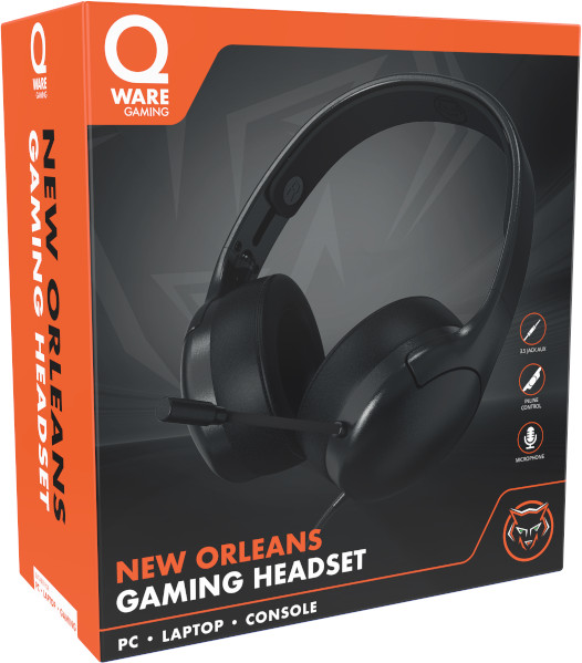 New Orleans gaming headset in a box with graphics and details.