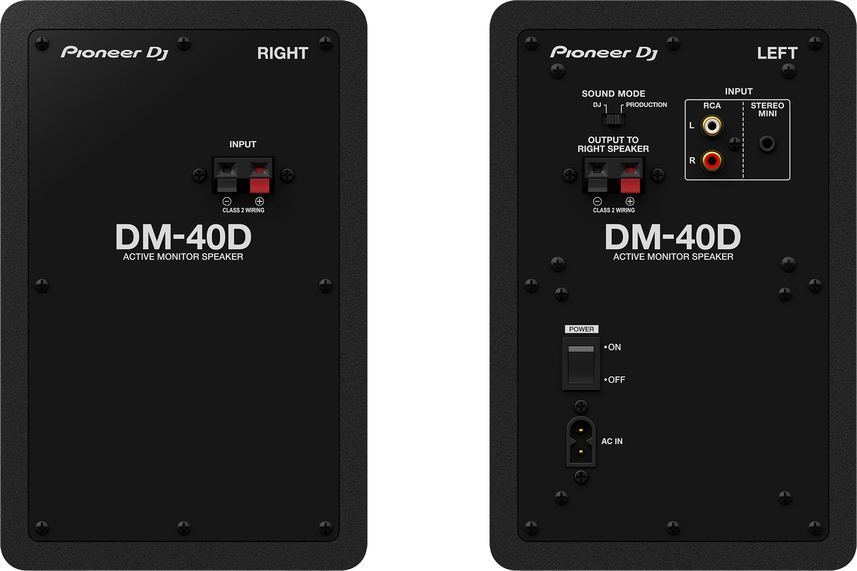 Két Pioneer DJ DM-40D aktív monitort hangszóró hátlapja.