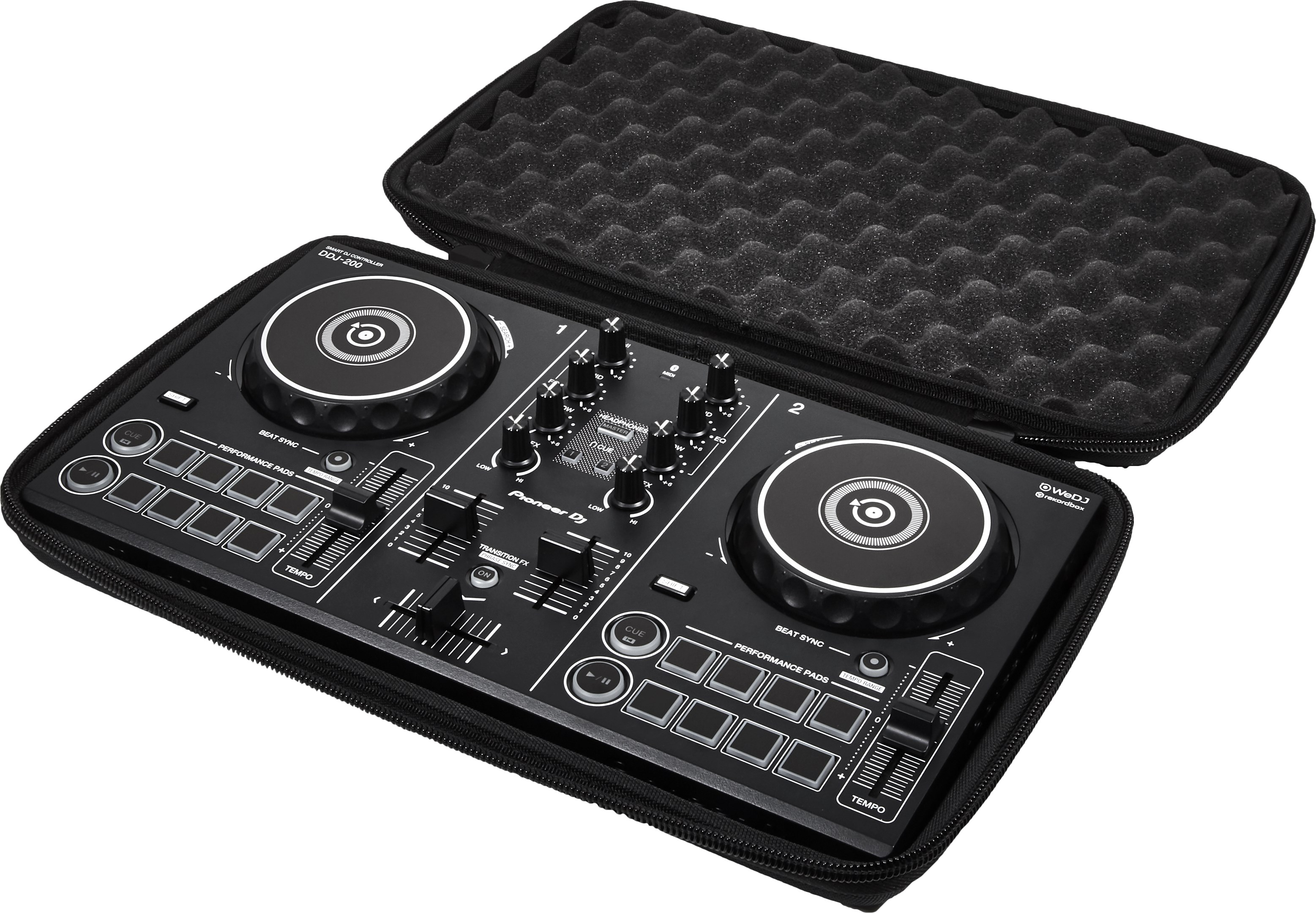 DJ-kontroller fekete tokban. Kezelőszervek: gombok, padok, gombok.