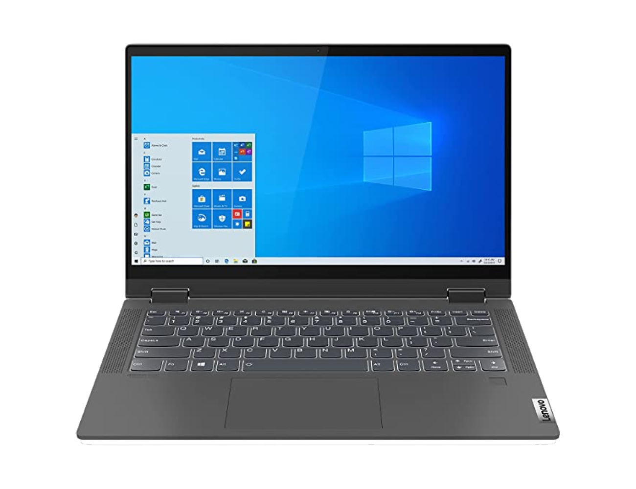 Ordenador portátil abierto en un escritorio. Muestra el escritorio de Windows.