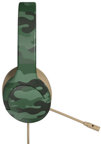Green camouflage headphones with a beige microphone. The background is white.