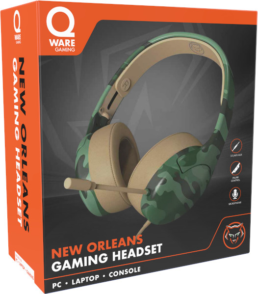 Gaming headset box. Green camo design, headset graphic, and product description.