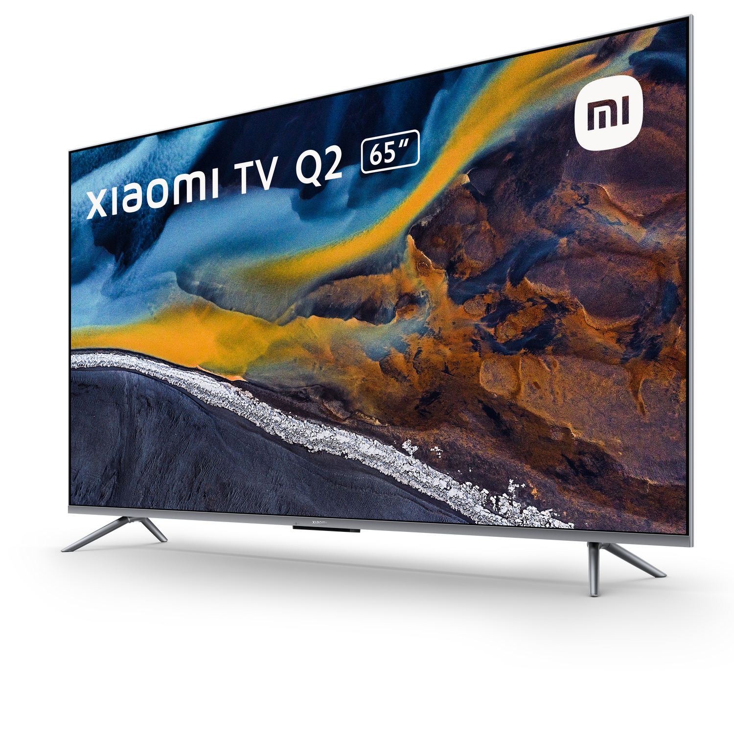 Un televisor de pantalla plana grande con la etiqueta 'Xiaomi TV Q2 65"'.
