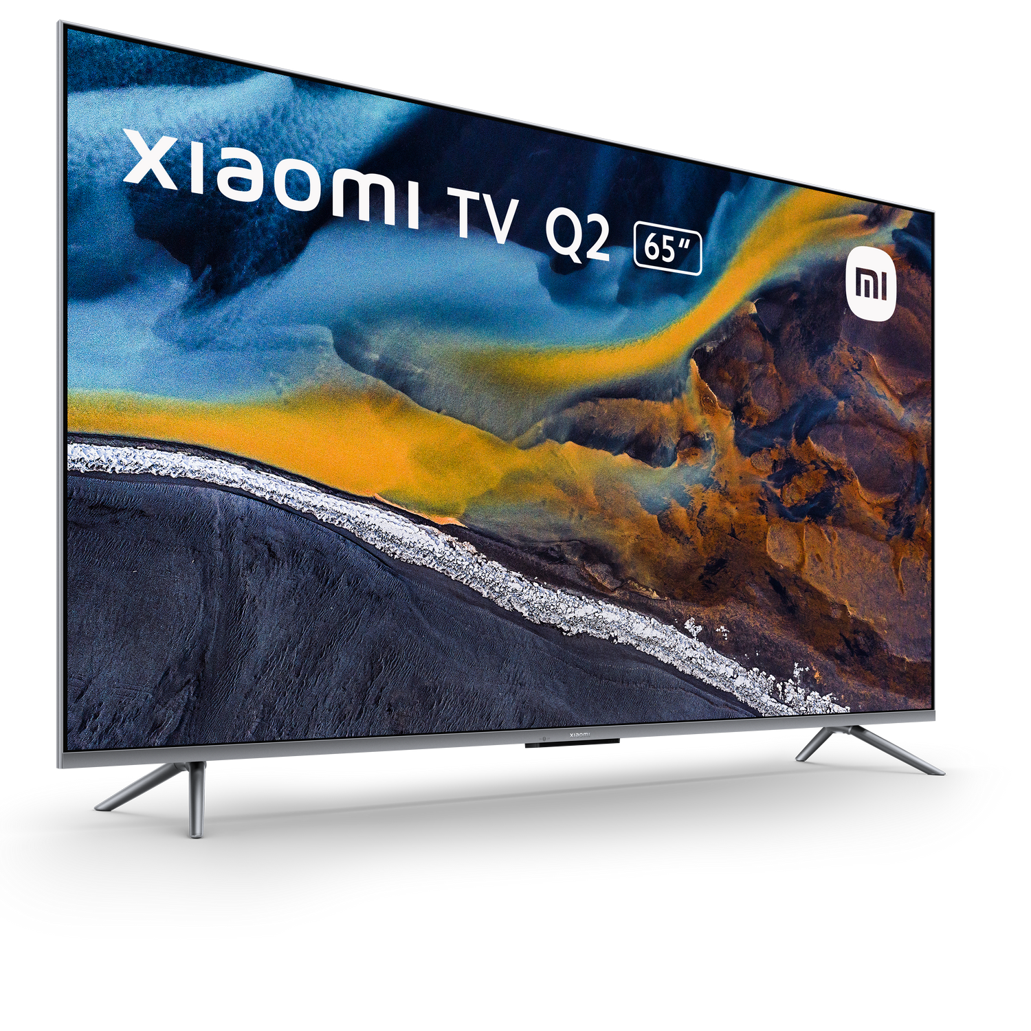 Un Xiaomi TV Q2 de 65 pulgadas sobre un fondo negro.