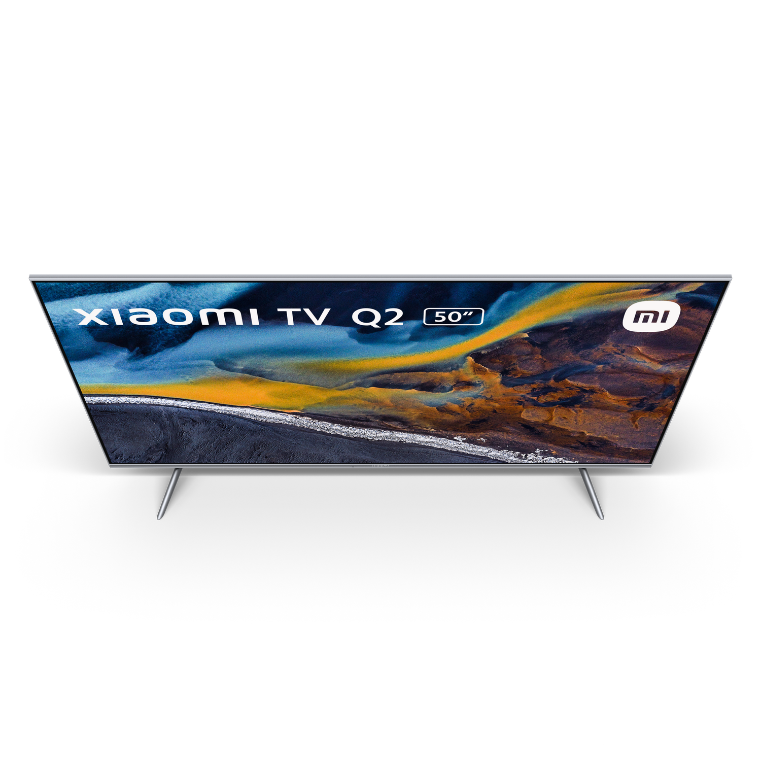 Xiaomi TV Q2 de 50" sobre fondo negro, con soporte.