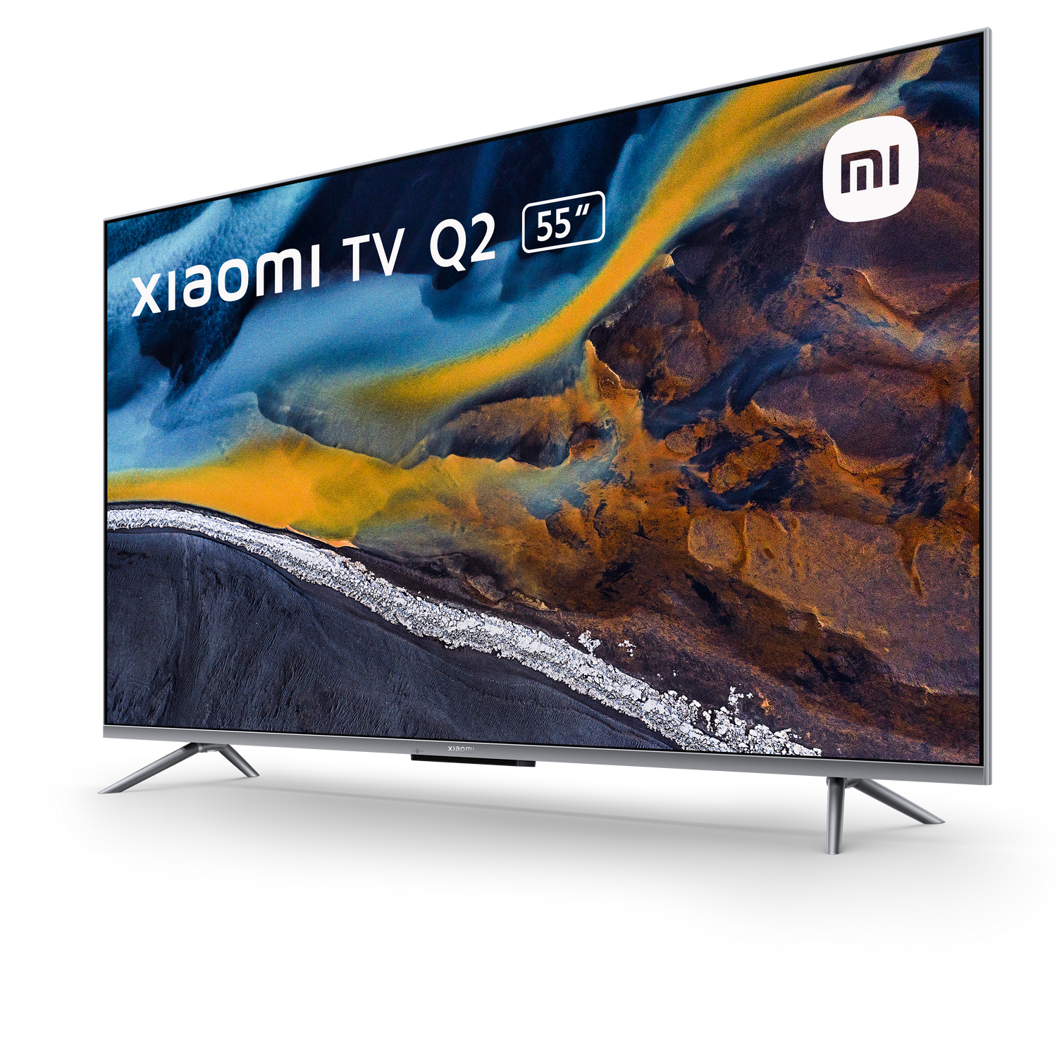 Xiaomi TV Q2 de 55 pulgadas. La pantalla muestra un paisaje abstracto. El televisor está sobre fondo negro.