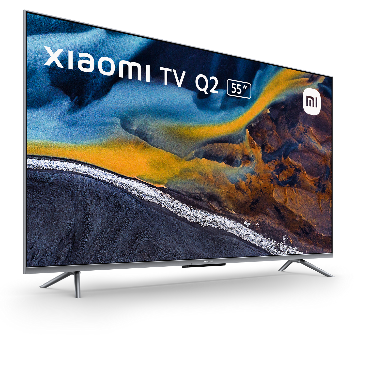 Una pantalla Xiaomi TV Q2 55" muestra un paisaje colorido. El televisor está sobre un fondo negro.