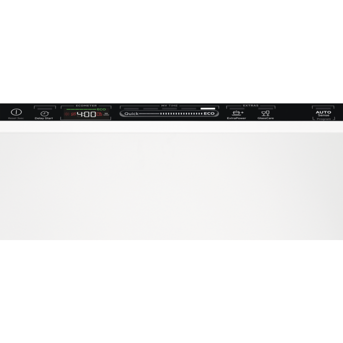 Panel de control del lavavajillas con varios botones. Fondo negro con texto blanco.
