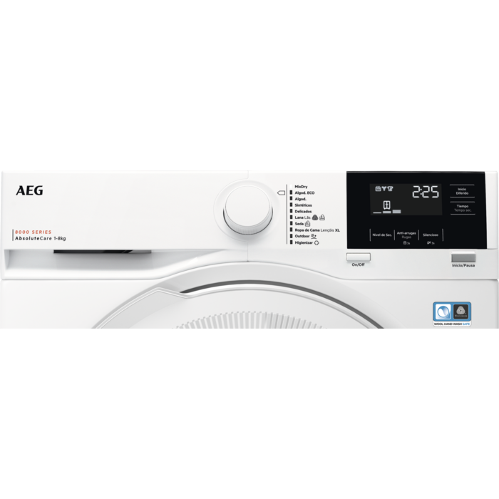 Panel de control de lavadora. Pantalla, botones y un dial. Logotipo de AEG visible.
