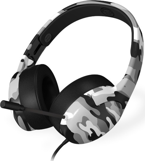 White and gray camouflage headphones with a microphone. Black earcups and headband.