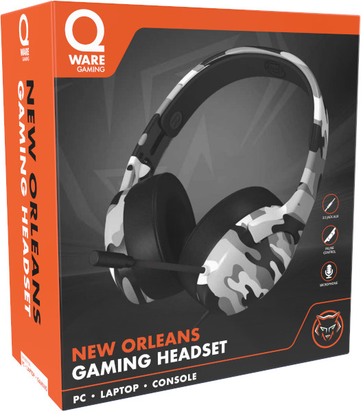 Headphones in a box. The headphones are camouflage. The box has text and images.