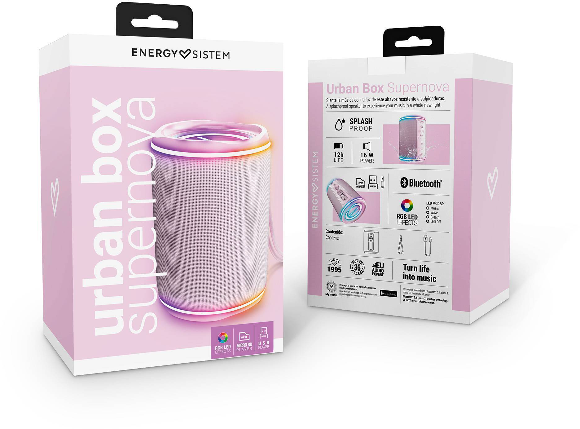 Fehér és rózsaszín hangszóró doboz hengeres hangszóró képpel, 'Urban Box Supernova' felirattal.