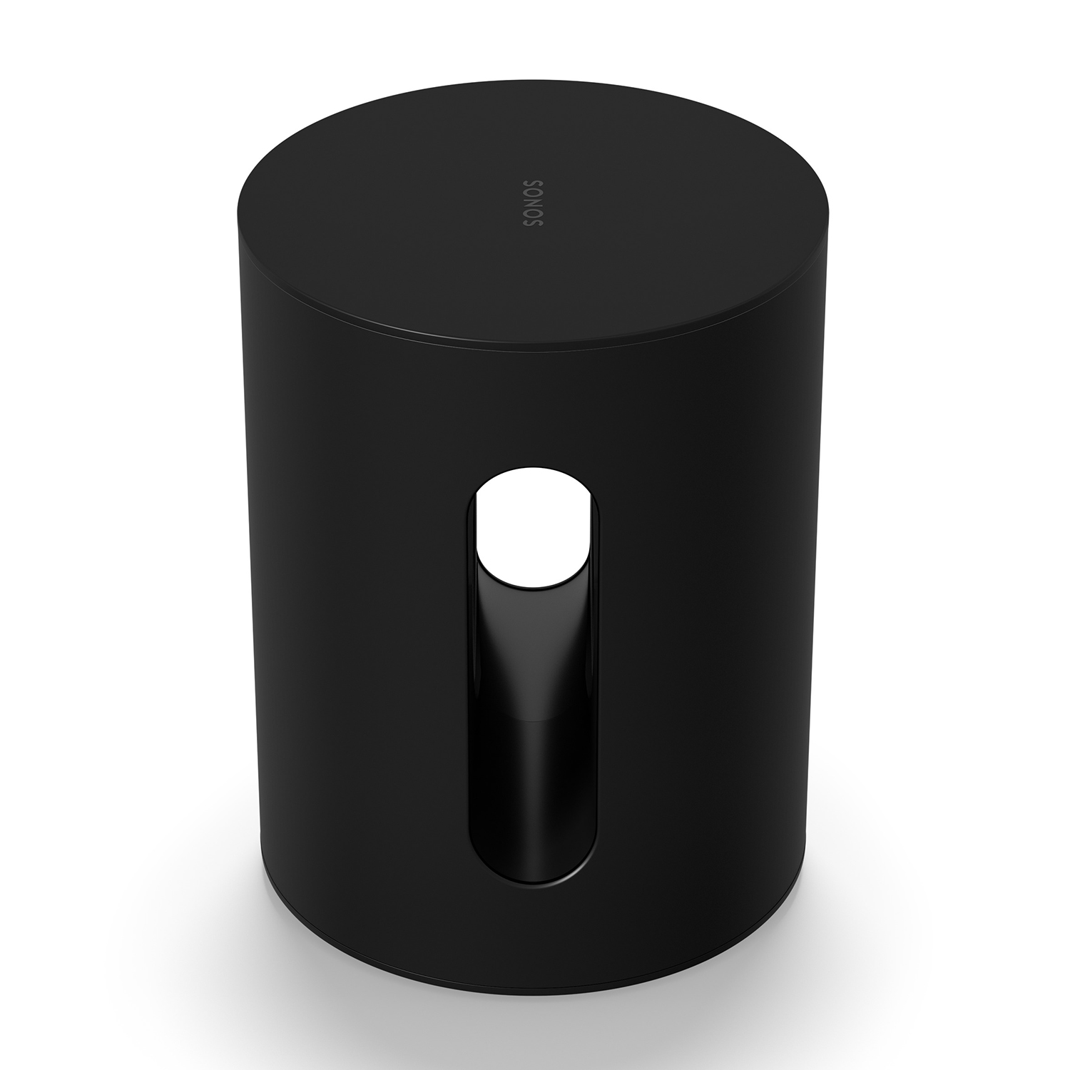Altoparlante Sonos cilindrico nero con apertura bianca, su sfondo bianco.