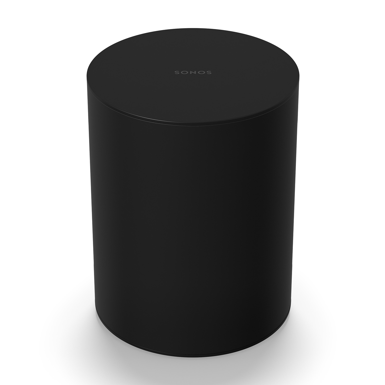 Altoparlante Sonos nero, a forma di cilindro, con sfondo bianco.