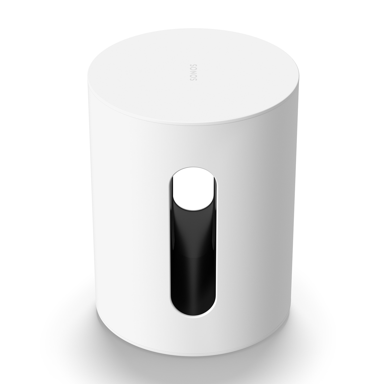 Subwoofer Sonos bianco con forma cilindrica e apertura nera al centro.
