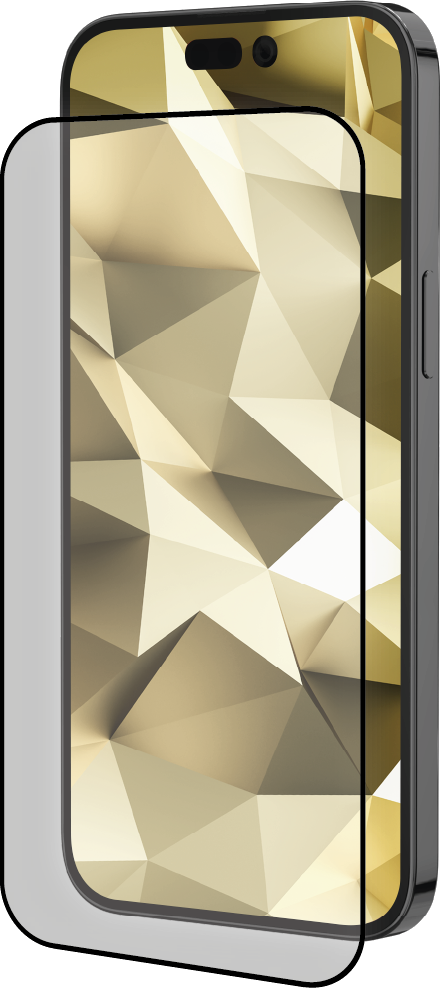 Un smartphone sur fond blanc, avec un protecteur d'écran, affichant des formes géométriques dorées.